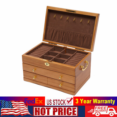 #ad Jewelry Organizer Wooden Storage Box 3 Layers Case w 3 Drawers Velvet Interior