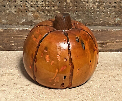 Grubby Primitive Rustic Carved Pumpkin from Old Wood w Wormholes Fall Halloween
