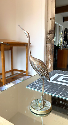 Solid Brass Crane Egret Heron Bird Statue 60’s 70’s Vintage