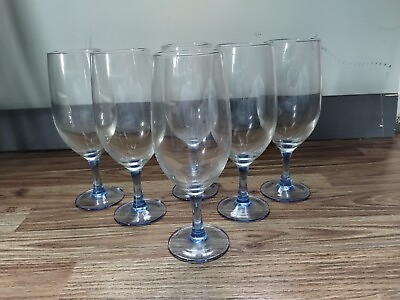 6 French Luminarc Blue Stemware Ice Tea Goblet Set Vintage Wine Glasses Water