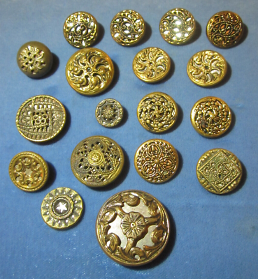 #ad Lot of 18 antique buttons pierced brass with mirror backing cutouts flowers