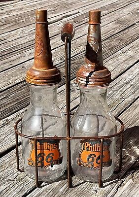 #ad #ad Set of 2 PHILLIPS 66 Motor Oil Bottles with Metal Wire Oil Bottle Carrier