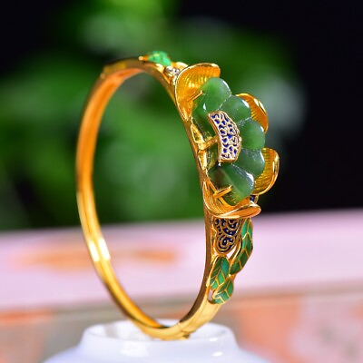 #ad Ancient Method Silver S925 Inlay Hetian Jasper Fan shaped Lotus Flower Bracelet