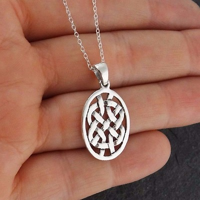 #ad Celtic Knot Oval Pendant Necklace 925 Sterling Silver Infinity Irish Love NEW