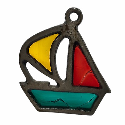 #ad Vintage Stained Glass Suncatcher Hanging Ornament Sailboat Ocean Metal 3.5quot; READ