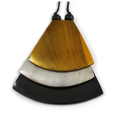 #ad Gold Metallic Silver Black Geometric Triangular Wood Pendant with Long Black