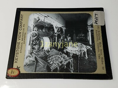 #ad HISTORIC Magic Lantern GLASS Slide LHM MACHINERY SCRAPING HAIR OFF HIDES ONTARIO