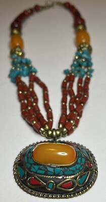 #ad Bohemian Tibetan Artisan Handmade Beaded Inlaid Stone Tribal Necklace Pendant
