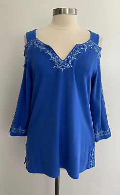 #ad Soft Surroundings Blue Embroidered Embellished Drop Cold Shoulder Top sz Small