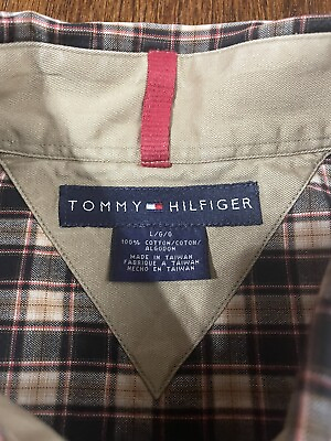#ad Tommy Hilfiger Shirt Mens L Tan Black Red Plaid Long Sleeve Button Down Preppy