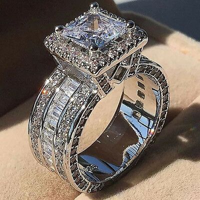 Elegant 925 Silver Filled Ring Women Cubic Zircon Wedding Jewelry Sz 5 11