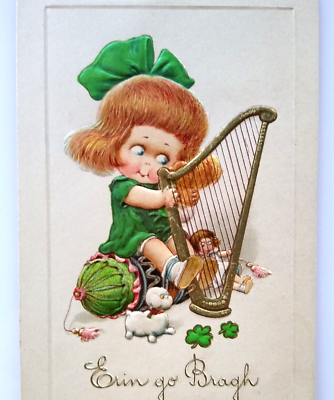 #ad St Patrick#x27;s Day Postcard John Winsch Big Eyed Child Harp Series Erin Go Bragh