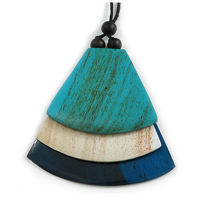 #ad Melange White Blue Turquoise Geometric Triangular Wood Pendant with Long