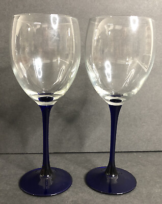 Luminarc France Cobalt Blue Stemmed Clear Bowl Wine Glasses 8quot; Across Set of 2