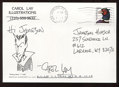 #ad Carol Lay Signed Post Card and Sketch Autographed Cartoonist Story Minute