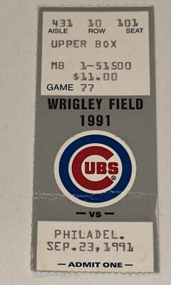 #ad 9 23 91 Chicago Cubs Game Used Wrigley Field MLB Ticket Stub