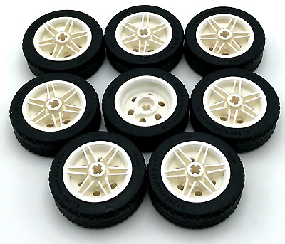 #ad Lego 8 New Black Tires 43.2 x 14 Solid White Wheel 30mm D. x 14mm Car Pieces