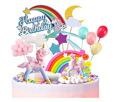 #ad Unicorn Cake Topper Rainbow Clouds Balloons Rainbow 16 Pc. Set Girl Birthday