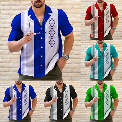 #ad Mens Casual Vintage Bowling Shirt Retro Striped Short Sleeve Button Down Shirts
