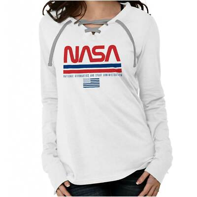 #ad NASA Space Program Retro Worm Logo Patriotic Womens Long Sleeve Laceup T Shirt