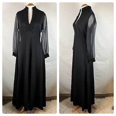 #ad Vintage 70s Black Gothic Maxi Dress Plunge Neck Chiffon Sleeve Montgomery Ward L