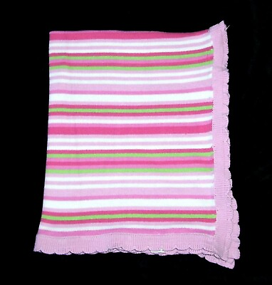 #ad Little Beginnings Pinks White Green Stripe Sweater Knit Baby Blanket 29x34quot;