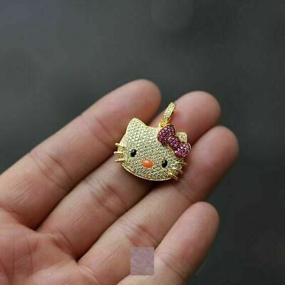 Natural Moissanite 2.00Ct Round Fully Hello Kitty Pendant 14K Yellow Gold Plated