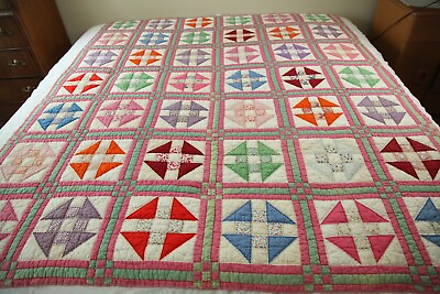 #ad Vintage Antique Quilt Shoo Fly Feedsack Colorful Hand Quilted 67quot; x 79quot;
