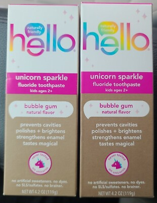 Hello Kids Unicorn Sparkle Toothpaste Bubble Gum Flavor 4.2 oz 2 Box Bundle