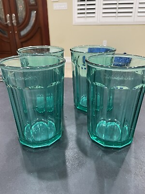 #ad #ad 4 Large 10 Panel Glass Tumbler Made in France Vintage Luminarc Teal Blue