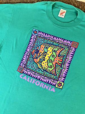 #ad vtg 1980s California Tourism Fish Shirt Puff Print Art Jerzees Made in USA XL