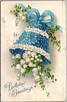 #ad Vintage BIRTHDAY GREETINGS Embossed Postcard Blue amp; White Flower Bell 1917