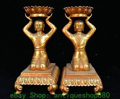 #ad 11#x27;#x27; Old Chinese Bronze People Person Candle Holder Candlestick Statue Pair