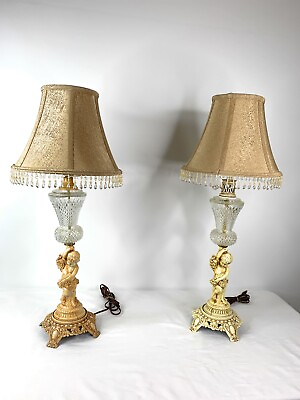 Vintage Lamps Cherub Crystal 2 Cast Metal Victorian French Style
