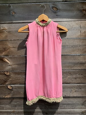 Vintage 1970’s Micro Mini Dress Women’s XS Pink Gold Trim Shift Hippy