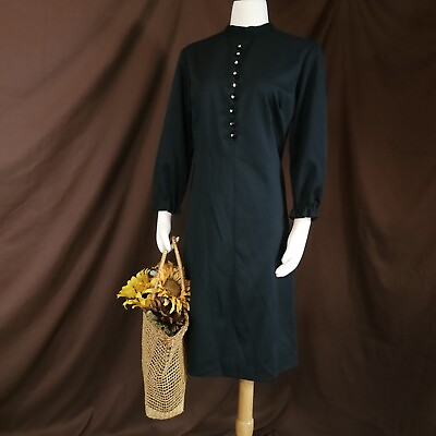 Vintage 1970s Dress Black Long Sleeve Shift Rhinestone Buttons High Neck Retro