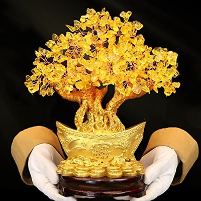 Lucky Feng Shui Money Tree Citrine Crystal Gem Spiritual Home Decor Wealth Luck