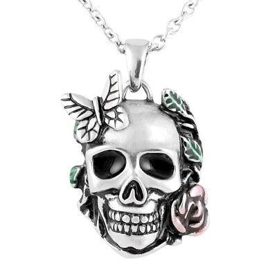 #ad Skull Rose Butterfly Necklace Garden of Life Pendant Dia de los Muertos Controse