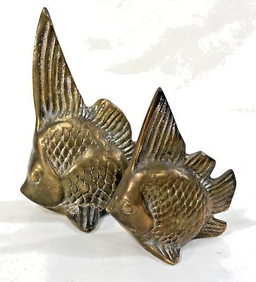 2 Brass Fish Figurine BOHO MCM 5.5” Goldfish Angelfish Nautical 1970s