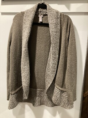 #ad Chico#x27;s Taupe Metallic Shimmer Open Cardigan Sweater Gray Cowl Neck Sz 2