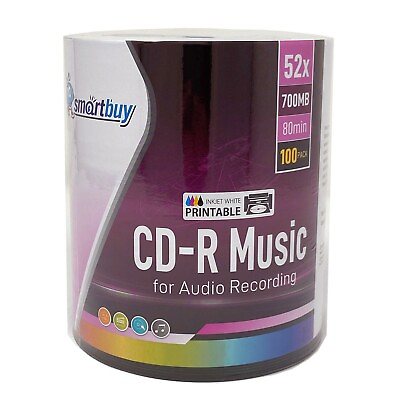 100 PK Smartbuy Digital Audio CD R Music 80Min White Inkjet Printable Blank Disc