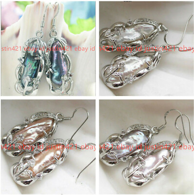 #ad Fashion Natural Baroque Biwa Feshwater Pearl 925 Sterling Silver Hook Earrings