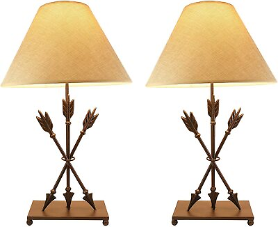 Set Of 2 Cast Iron Southwestern Indian 3 Crossed Arrows Table Lamps With Shades