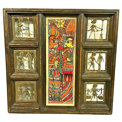 Vintage East Indian Folk Art Wall Decor w Painting amp; 6 Hand Cast Brass Plaques