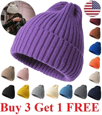 Thick Beanie warm Wool Knit Hat Baggy Cap Cuff Slouchy Skull Hats Ski Men Women