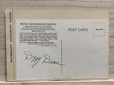 #ad Dizzy Dean Signed Post Card Hotel Governor Clinton NYC