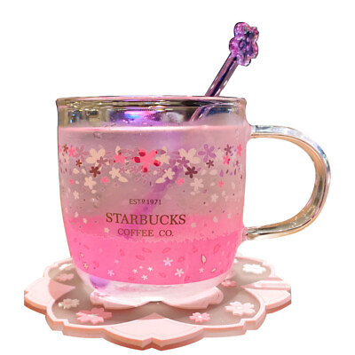 #ad New Starbucks Glass Cup Color Changing Pink Sakura Coffee Cup With Coaster amp; Rod