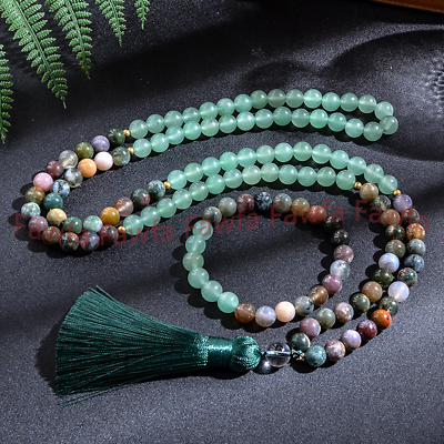 #ad 8mm Indian Agate Aventurine Gems 108Prayer Beads Buddhist Mala Necklace Bracelet