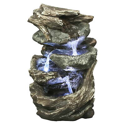 #ad Fountain Log Stone Waterfall with LED Indoor Outdoor Fountains Home Decoration