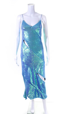 #ad Off White Womens Paillettes Cutout Midi Sequin Sheath Dress Blue Green Size FR36
